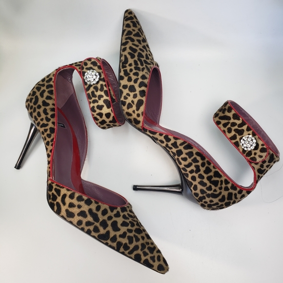 Baldan Shoes - Baldan Fur Leopard Stiletto w/ Ankle Strap and Rhinstones - Mobwife 39/8.5